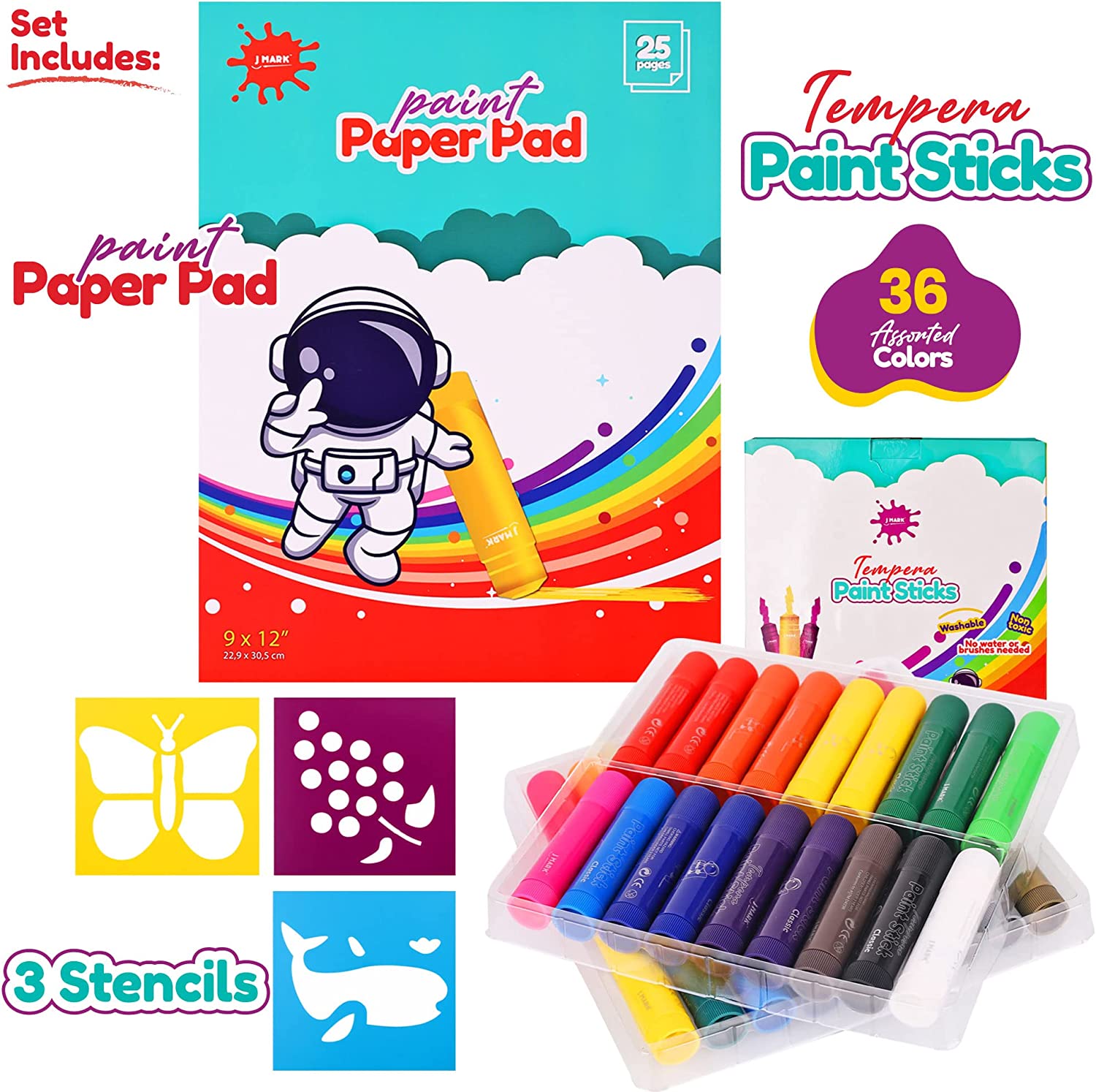 J Mark Tempera Paint Sticks, 36 Colors - Including Stencils and Painting Book, Set of Washable Paint Crayons for Kids - Non Toxic Solid Paint Markers
